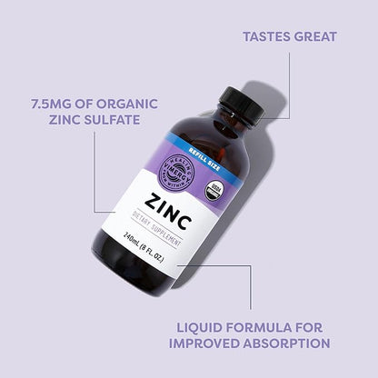 Vimergy Organic Zinc Supplements For Women & Men (7.5mg Liquid Zinc Per Serving) Fast-Absorbing Immune Support, Promotes Healthy Bones & Skin, USDA Certified Organic, Vegan, Up to 120 Servings (240mL)
