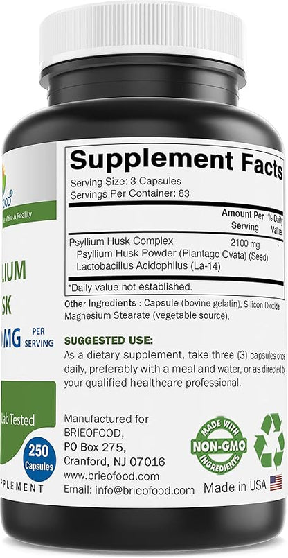 Brieofood Psyllium Husk Fiber Supplement with Lactobaciilus Acidophillus (La-14) - 2100mg per Serving - 250 Capsules - Helps Support Digestion, INTESTINAL Health & Regularity