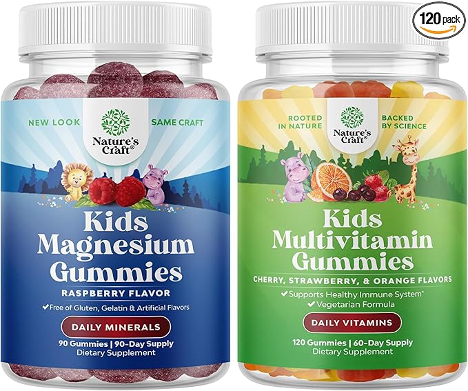 Bundle of Kids Calm Magnesium Gummies 90 count - Gummies for Nerve Bone and Muscle Health and Plant Based Kids Multivitamin Gummies 120 count - Multivitamin for Kids Immunity Support Gummies with Vita