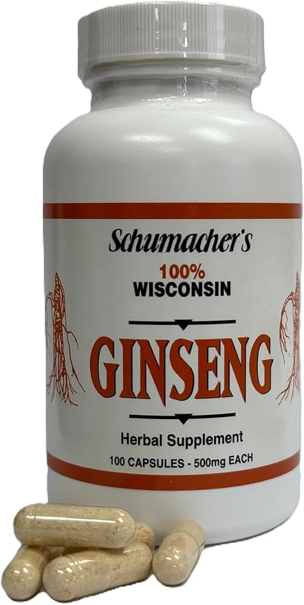 American Ginseng Capsules, 100% Pure Wisconsin Ginseng, 500mg, 100 Capsules - Best Ginseng Supplement, Pure Potent Wisconsin Ginseng Roots by Schumacher Ginseng
