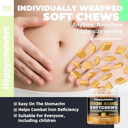 Iron Soft Chews Supplement with Vitamin C | Orange Flavored | Gluten Free | Iron Supplement for Women Men and Kids | 60 Count | 2 Month Supply