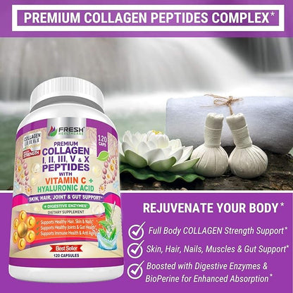 FRESH HEALTHCARE Multi Collagen Pills with Type I, II, III, V & X Peptides with Vitamin C, Hyaluronic Acid - Supports Healthy Hair, Skin, Nails and Joints - 120 Kosher Capsules
