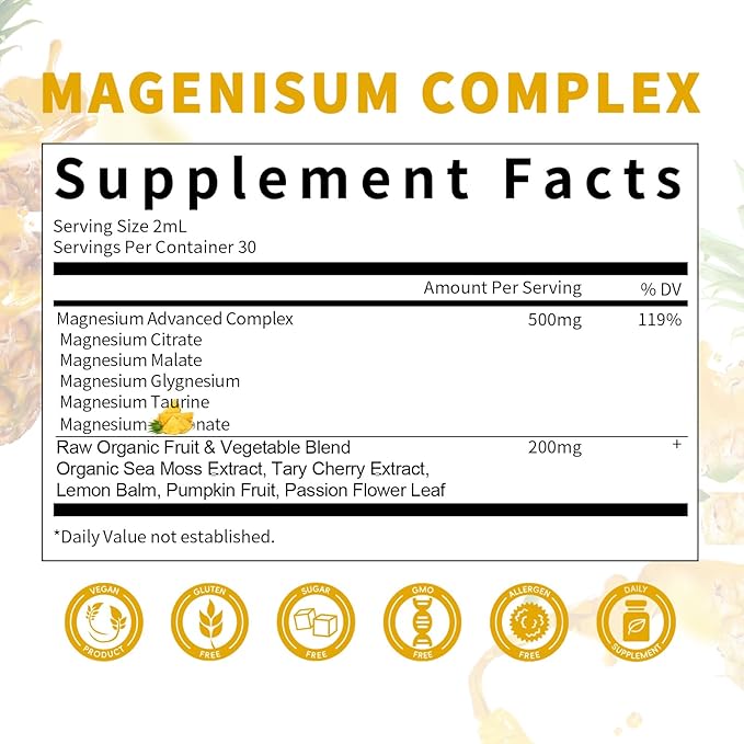 Magnesium Liquid Drops - High Absorption 5-in-1 Magnesium Complex Supplement with Magnesium Glycinate, Malate, Citrate, Taurate - for Bone, Muscles, Nerves & Energy - Vegan, Sugar Free, 2 Fl.oz