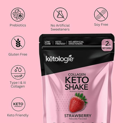 Keto Collagen Shake (Strawberry) - with Coconut Oil, Prebiotics, Grass Fed Hydrolyzed Collagen Peptides Type I & III, Low Carb, Gluten Free,1.78lbs.