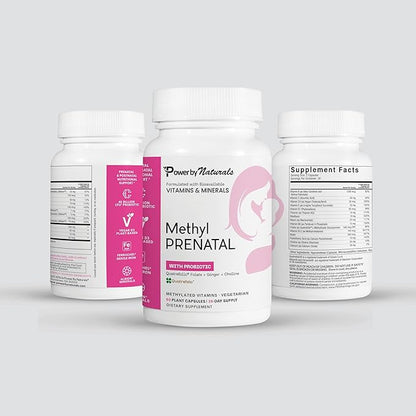 Power By Naturals Prenatal Probiotic Blend Vitamins w/Methylfolate, B12, Iron, Ginger & 27+ Essential Nutrients for Healthy Pregnancy, Prenatal Probiotics for Women, Pregnancy Probiotic, 60 Capsules