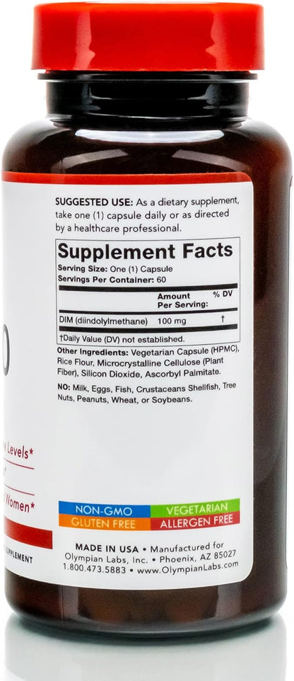 Olympian Labs DIM Supplement 100mg - Daily Capsules - Diindolylmethane for Men and Women, 100 Mg, 60 Count