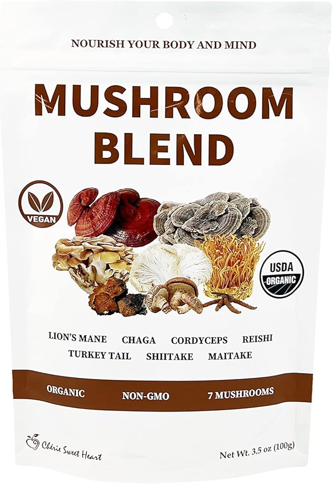 Cherie Sweet Heart 7 Mushroom Extract Powder, USDA Organic, Lion's Mane, Reishi, Cordyceps, Maitake, Shiitake, Turkey Tail, Chaga, Real Mushrooms, No fillers, 3.5oz. (Mushroom Blend, 3.5 Ounce)