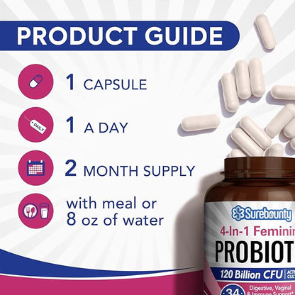 Probiotics for Women, 120 Billion CFU 34 Strains, Prebiotics, Digestive Enzymes, Cranberry, 4-in-1 Feminine Probiotic, Digestive, Vaginal, Immune Support, 60ct