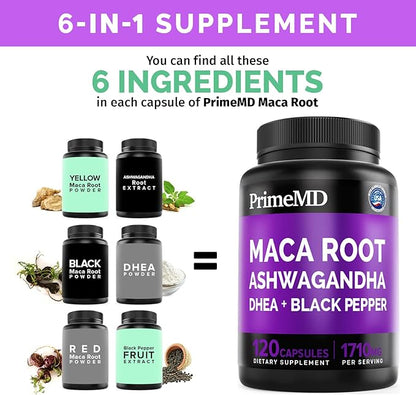6-in-1 Organic Maca Root Ashwagandha Capsules 1710mg with DHEA and Black Pepper Fruit Extract for Women and Men - Black Maca Supplement for Stamina, Bone and Mood Support Supplement, 120ct (Pack of 3)