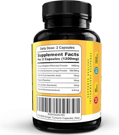 Ginger Turmeric Supplements – Boosted with Piperine, Vitamin D3, Vitamin C, Zinc & Orange | Joint, Gut & Skin Health Support
