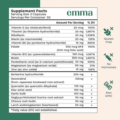 Emma Gut Health - 4 Pack - Gas and Bloating Relief, Constipation, Leaky Gut Repair - Gut Cleanse & Restore Digestion - Regulate Bowel Movement. Probiotics and Laxative Alternative, 240 Capsules