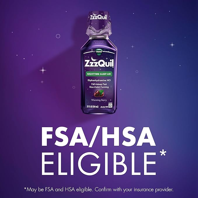 ZzzQuil, Sleep Aid, Nighttime Sleep Aid Liquid, 50 mg Diphenhydramine HCl, Fall Asleep Fast, Non-Habit Forming, Warming Berry Flavor, 12 FL OZ (Pack of 2)