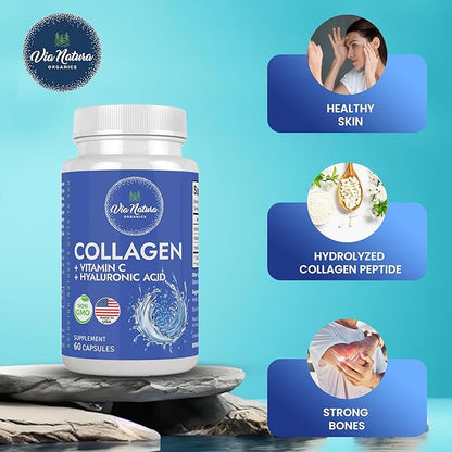 Collagen + Vitamin C + Hyaluronic Acid | Hydrolized Peptide | Specially formulated for Women | Type I, II and III | 60 Capsules
