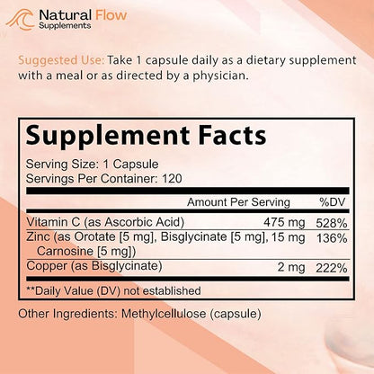 Zinc Supplement Complex with Copper and Vitamin C - Natural Flow 3X Zinc Carnosine and Iron Supplement 2-in-1 Complete Complex - Natural Flow 2X Heme and Chelated Non Heme Iron Bisglycinate