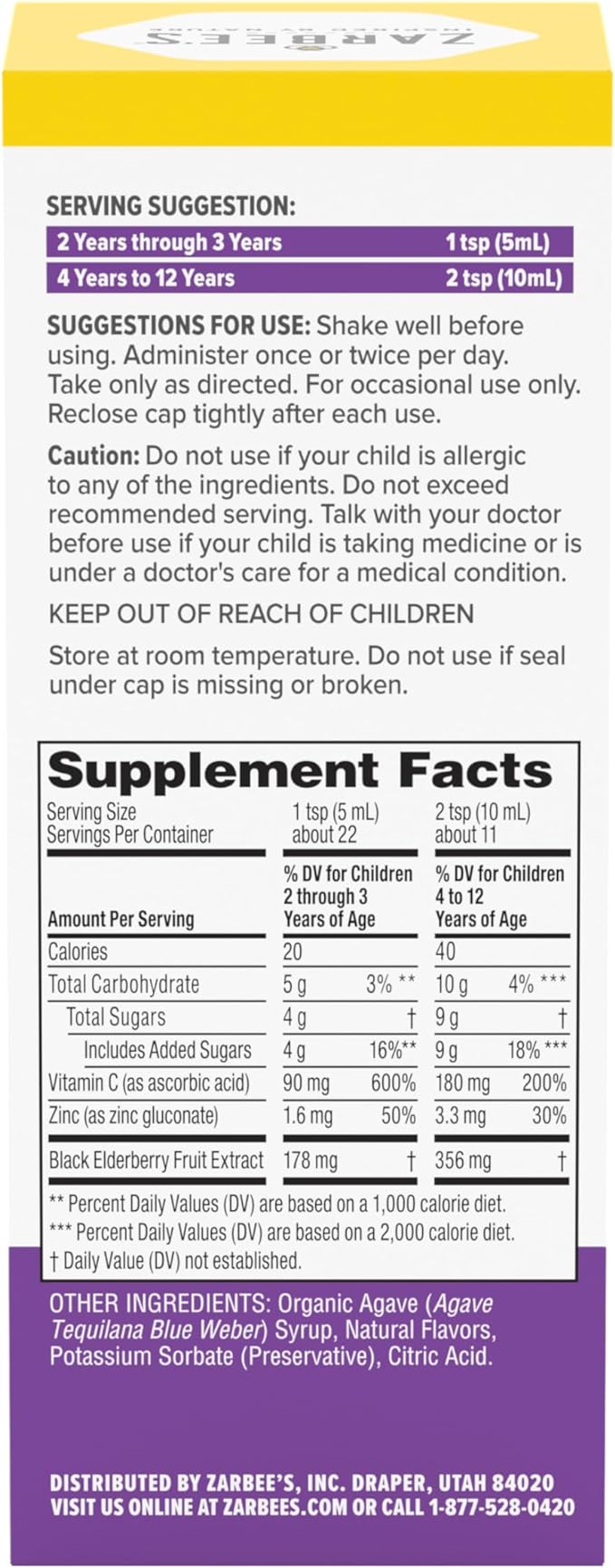 Zarbee's Elderberry Syrup for Kids, Daily Immune Support with Vitamin C & Zinc, Childrens Liquid Supplement, Natural Berry Flavor, 4 fl oz