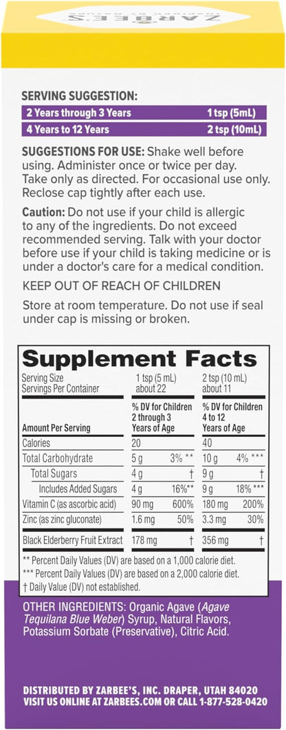 Zarbee's Elderberry Syrup for Kids, Daily Immune Support with Vitamin C & Zinc, Childrens Liquid Supplement, Natural Berry Flavor, 4 fl oz
