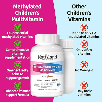 Kids Methylated Multivitamin - Chewable Multivitamin for Kids & Teens 4+, With L Methylfolate, Vegan Omega-3, Zinc, Probiotics & Elderberry, Immune Support, Brain Health, MTHFR Supplement, Sugar-Free