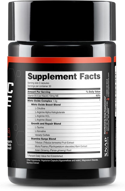 Snap Supplements Nitric Oxide Booster Supplement with L Arginine and L Citrulline Essential Amino Acids and Ginseng Root, Energy, Heart Health, Muscle Growth & Circulation Support, 60 Capsules