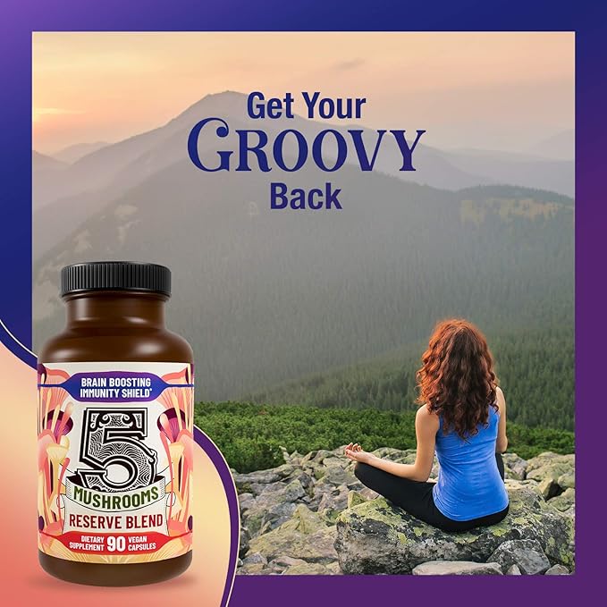 5 Mushrooms Reserve Blend Mushroom Supplement - Lions Mane, Turkey Tail, Reishi, Chaga, Cordyceps - Immune System, Brain, Cognition, Energy, Mood Support