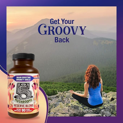 5 Mushrooms Reserve Blend Mushroom Supplement - Lions Mane, Turkey Tail, Reishi, Chaga, Cordyceps - Immune System, Brain, Cognition, Energy, Mood Support