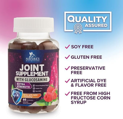 Joint Support Gummies Glucosamine Plus Vitamin E - Nature's Joint Support Supplement for Occasional Discomfort for Back, Knees & Hands - Cartilage & Joint Health & Flexibility Support - 60 Gummies