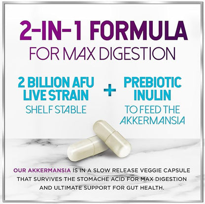 Akkermansia Probiotic GLP-1 Supplement with Prebiotic Fiber - Akkermansia Muciniphila Supports GLP1 Production - Digestive & Gut Health Support - 2 Billion AFU, Delayed Release - 120 Capsules