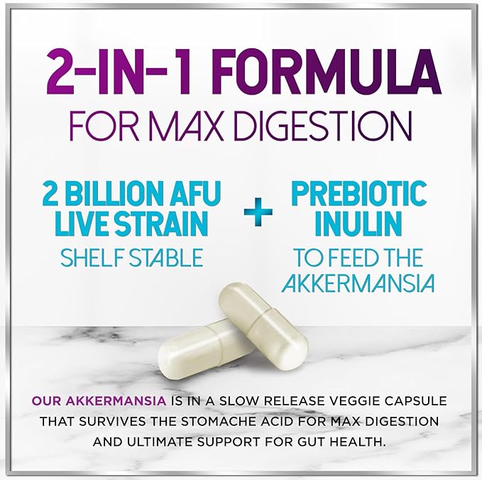 Akkermansia Probiotic GLP-1 Supplement with Prebiotic Fiber - Akkermansia Muciniphila Supports GLP1 Production - Digestive & Gut Health Support - 2 Billion AFU, Delayed Release - 60 Capsules