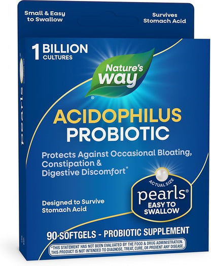 Nature's Way Acidophilus Probiotic Pearls, Supports Digestive Balance and Gut Health*, Protects Against Occasional Constipation and Bloating*, 1 Billion Live Cultures, 90 Softgels (Packaging May Vary)