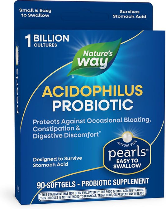 Nature's Way Acidophilus Probiotic Pearls, Supports Digestive Balance and Gut Health*, Protects Against Occasional Constipation and Bloating*, 1 Billion Live Cultures, 90 Softgels (Packaging May Vary)