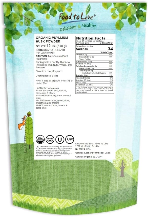 Food to Live Organic Psyllium Husk Powder, 12 Ounces — Non-GMO, Kosher, Ultra Fine, Unsweetened, Unflavored, Rich in Fiber, Natural Food Thickener, Great for Baking, Raw, Bulk, Vegan, Keto Friendly