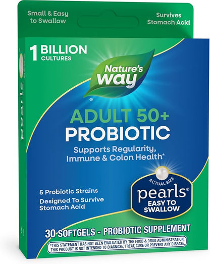 Nature's Way Adults 50+ Probiotic Pearls, Supports Regularity, Immune and Colon Health*, 1 Billion Cultures, No Refrigeration Required, 30 Softgels