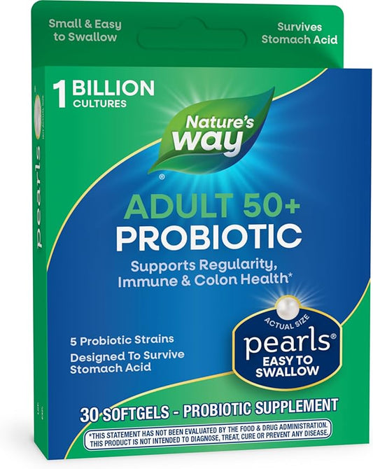 Nature's Way Adults 50+ Probiotic Pearls, Supports Regularity, Immune and Colon Health*, 1 Billion Cultures, No Refrigeration Required, 30 Softgels