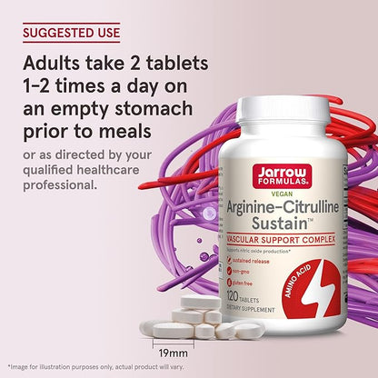 Jarrow Formulas® Arginine-Citrulline Sustain™, Dietary Supplement, Vascular Support Complex for Nitric Oxide Production and Cardiovascular Health, 120 Tablets, 60 Day Supply