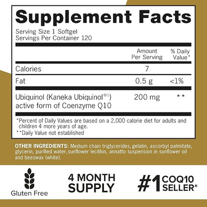 Qunol Ubiquinol CoQ10 200mg Softgels, Powerful Antioxidant for Heart and Vascular Health, Essential for Energy Production, Natural Supplement Active Form of CoQ10, 120ct Softgels