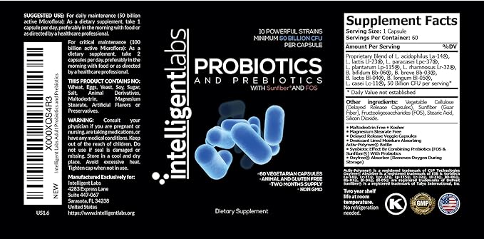 Intelligent Labs 50 Billion CFU Probiotic with Prebiotics, No Refrigeration Needed, with Sunfiber and FOS for 10x More Effectiveness, 60 Days Supply Per Bottle, Third-Party Verified for Purity