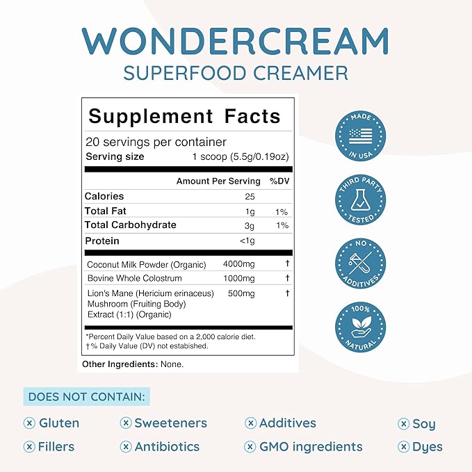 WonderCow Bovine Colostrum Superfood Creamer Supplement Powder w/Organic Lions Mane Mushroom & Coconut Milk Powder MCTs | Functional Sugar Free Keto Coffee, Smoothie & Drink Mix Unsweetened
