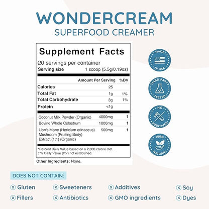 WonderCow Bovine Colostrum Superfood Creamer Supplement Powder w/Organic Lions Mane Mushroom & Coconut Milk Powder MCTs | Functional Sugar Free Keto Coffee, Smoothie & Drink Mix Unsweetened