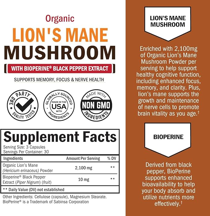 BioSchwartz Organic Lions Mane Supplement Capsules (90 Count) 2100mg Lions Mane Mushrooms with BioPerine for Max Absorption, Active Compound Verified, Nootropic Brain Supplements for Memory and Focus