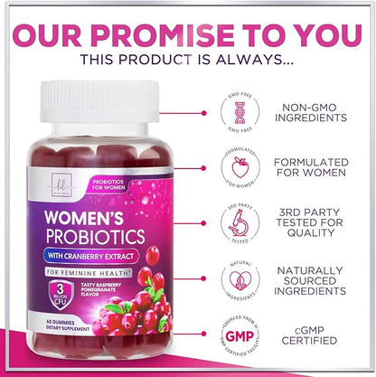 Probiotics for Women with Cranberry Extract - 6 Premium Strains for PH Balance, Digestive Health, Vaginal & Immune Support, 3 Billion CFU, Womens Probiotic Gummy for Feminine Health - 60 Gummies