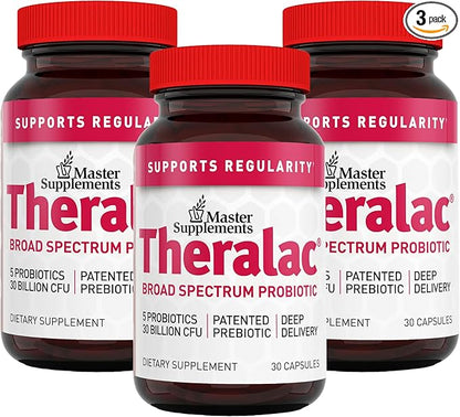 Master Supplements Theralac - 30 Capsules, Pack of 3 - Multi-Strain Probiotic for Optimal Gut Health + Gas & Bloating Relief - Gluten Free - 90 Servings