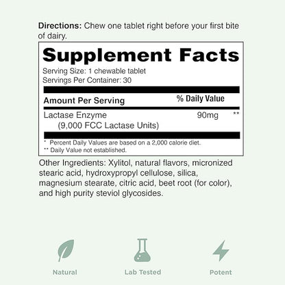 Yuve Natural Fast Acting Dairy Relief Delicious Chewables - Lactase Enzyme 9000 FCC - Say Goodbye to Dairy Discomfort from Lactose Intolerance - Strawberry Cream Flavor - 30ct