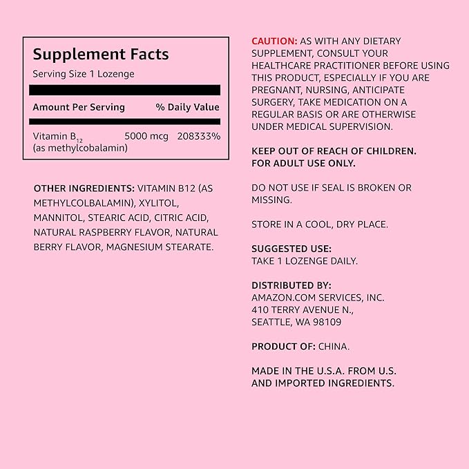 Amazon Elements Vitamin B12 Methylcobalamin 5000 mcg - Normal Energy Production and Metabolism, Immune System Support - 2 Month Supply, Berry Flavored Lozenges, 65 Count (Pack of 2)
