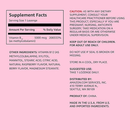 Amazon Elements Vitamin B12 Methylcobalamin 5000 mcg - Normal Energy Production and Metabolism, Immune System Support - 2 Month Supply, Berry Flavored Lozenges, 65 Count (Pack of 2)