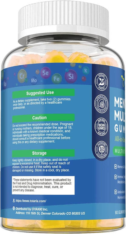 Sugar Free Men's Multivitamin Gummies w/Vegan Omega 3, Maca, Saw Palmetto, Vitamin A, B, C, E, D3, K, Zinc, Daily Methylated Multivitamins for Men, for Immunity, Energy, Lemon Flavor, 60 Counts