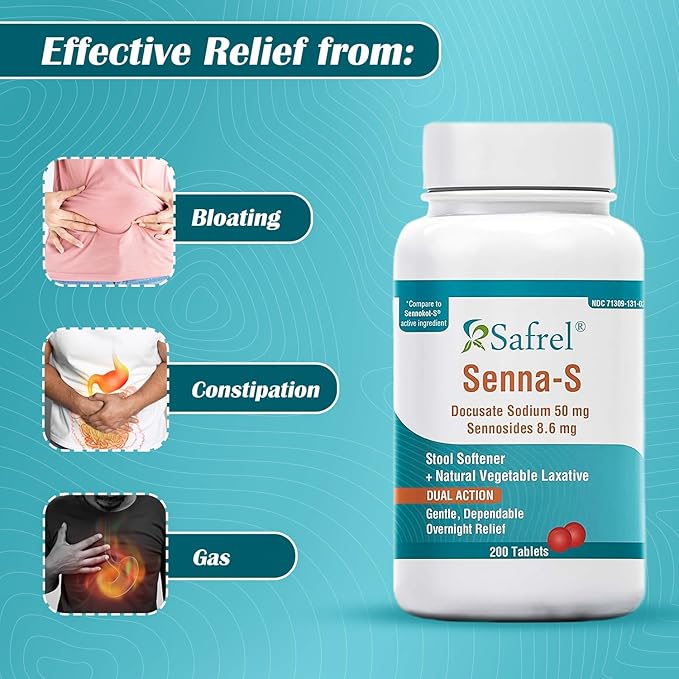 Safrel Senna-S (200 Tablets) Dual Action Natural Vegetable Laxative Stool Softener | Relieves Constipation, Gas, Bloating | Gentle on Stomach | Safe Digestive Support (Generic Senokot-S) | Value Pack