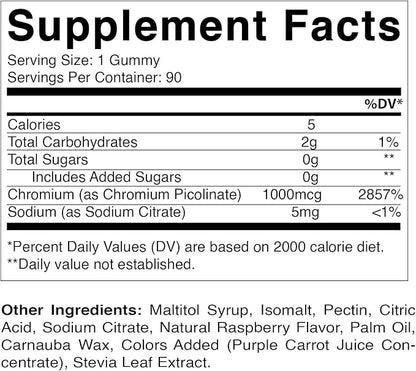 Vitamatic Chromium Picolinate 1000 mcg - 90 Gummies - High Potency Chromium - Raspberry Flavor (Total 180 Gummies) 2 Packs