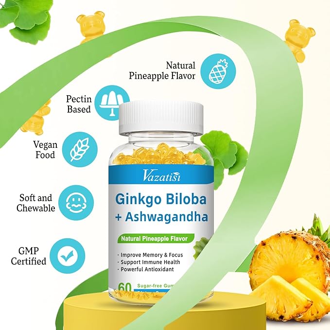 240MG Ginkgo Biloba Gummies | 120 Gummies | Improve Mood and Focus, Brain Health| Pineapple Flavor | Vegan, Non-GMO, Gluten Free Supplement