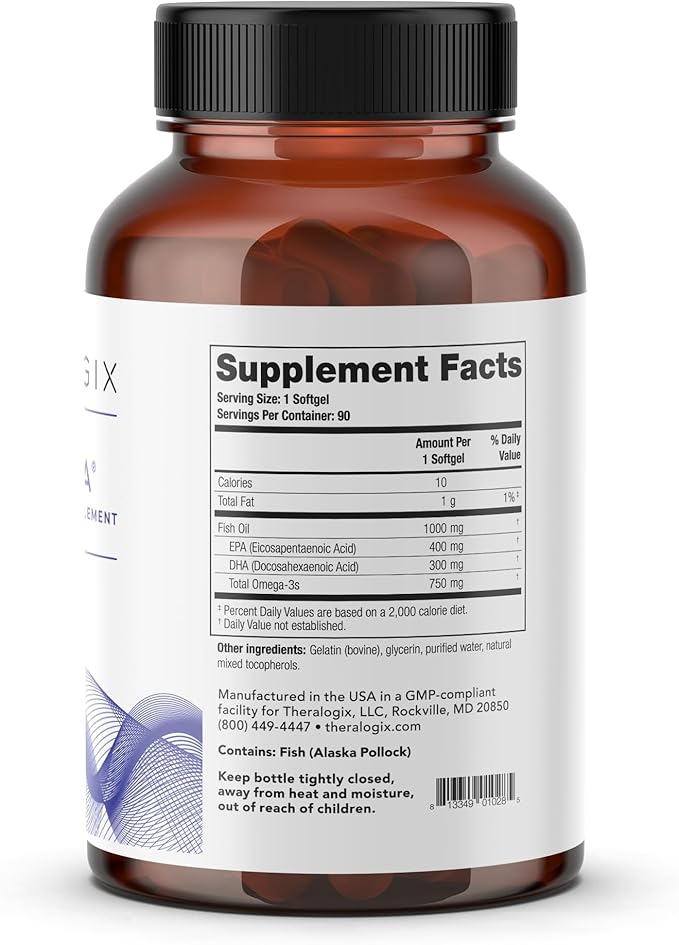 Theralogix TherOmega Omega-3 Fish Oil Supplement - Supports Heart, Brain, Immune & Joint Health* - 700 mg DHA & EPA from Wild Alaska Pollock - Sustainably Sourced - NSF Certified - 90 Softgels