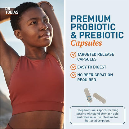 Dr. Tobias Deep Immune Probiotics & Prebiotics, Dual Action Digestion & Immune Support with PreforPro Prebiotics & Delayed Release Spore Forming Probiotics for Women & Men, 180 Capsules, 90 Servings