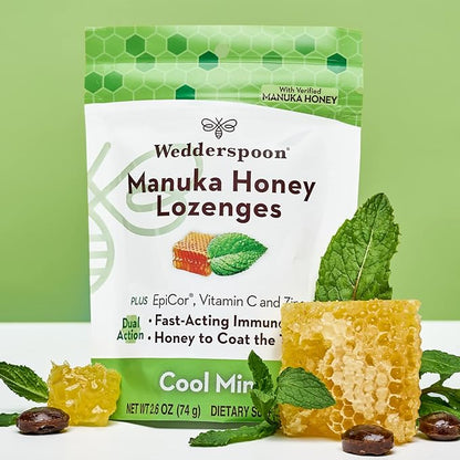 Wedderspoon Manuka Honey Immunity Lozenges, Cool Mint, 2.6 Oz (Pack of 1), Genuine New Zealand Honey, Boost Immunity Within Two Hours